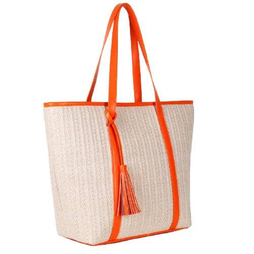 Natural Straw Tote With Contrast Color Trims & Tassels, 2 Pu Handles (2)