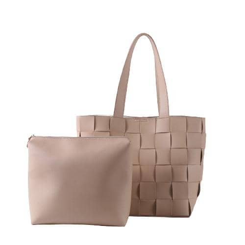 Nude Pu Weaved Pattern Double Handle Tote With Inner Pouch Bag (2)