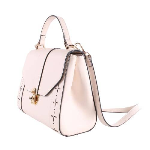 Off White Pu Hand Bag With Punching Decoration And A Flap With A Metal Hasp Closure And A Long Detachable Pu Strap(2)