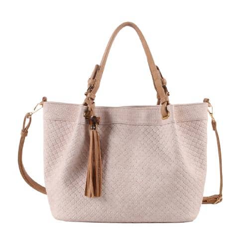 Off White Textured Canvas Hand Bag With A Decorative Pu Tassel In Front Panel And A Short Pu Handle With Meatal Pin Buckle And A Long Detachable Pu Strap (1)