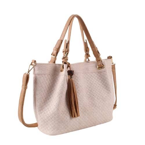 Off White Textured Canvas Hand Bag With A Decorative Pu Tassel In Front Panel And A Short Pu Handle With Meatal Pin Buckle And A Long Detachable Pu Strap (2)
