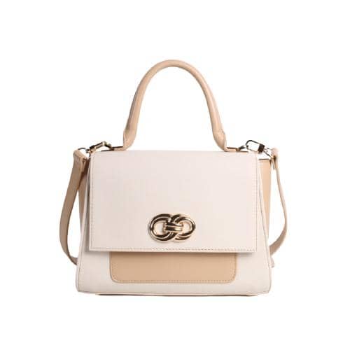 Off White & Yellow Contrast Color Pu Hand Bag With Number 8 Shape Hardware Decorated On The Flap With Magnet Button & Slip Pocket In The Front Panel And A Long Removable Pu Strap (1)