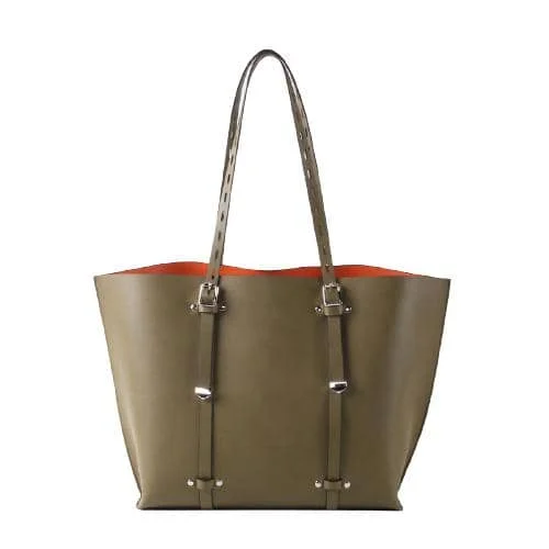 Olive Solid Pu Tote With Contrast Inside & Punched Handles (3)