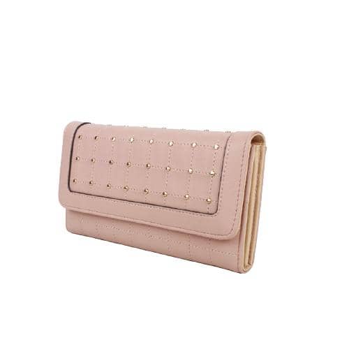 Pink Pu Wallet With Flap Decorated With Square Embroidery & Nail Studs (2)