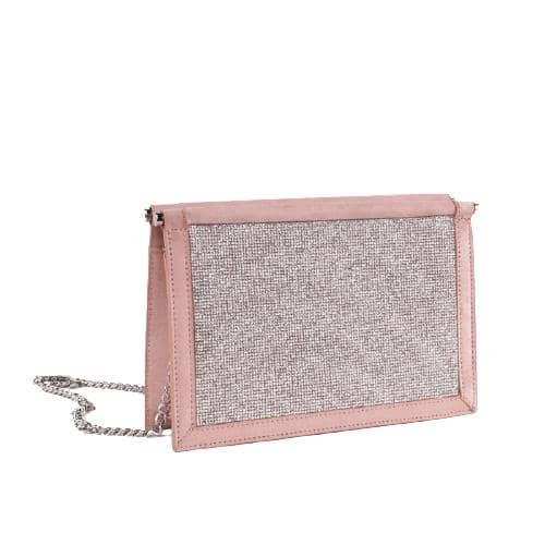 Pink Suede Crossbody With Diamond Decoration In Front Panel Evening Clutch With Sliver Chain Strap (2)