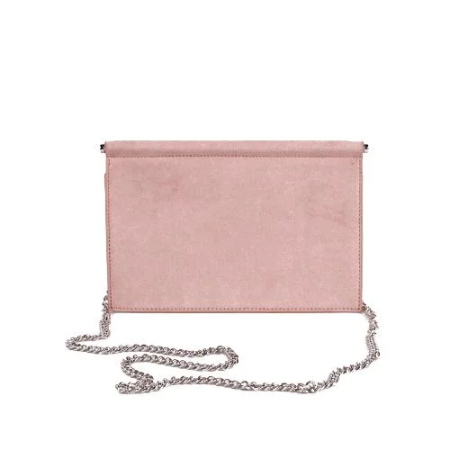 Pink Suede Crossbody With Diamond Decoration In Front Panel Evening Clutch With Sliver Chain Strap (3)
