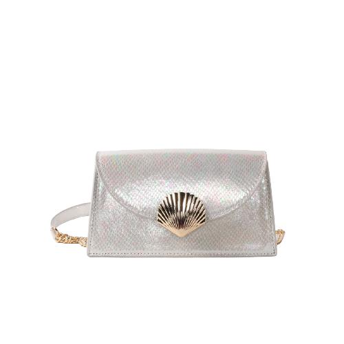 Shinning Silver Glossy Polyester Crossbody Closed By A Metal Buckle In Shell Shape In The Flap Party Bag With Pu And Chain Strap (1)