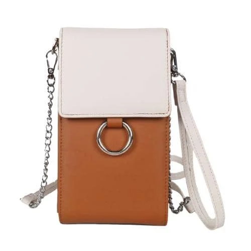 Small Brown Smart Phone Bag With White Contrast Color Flap & Big O Ring Charm (1)