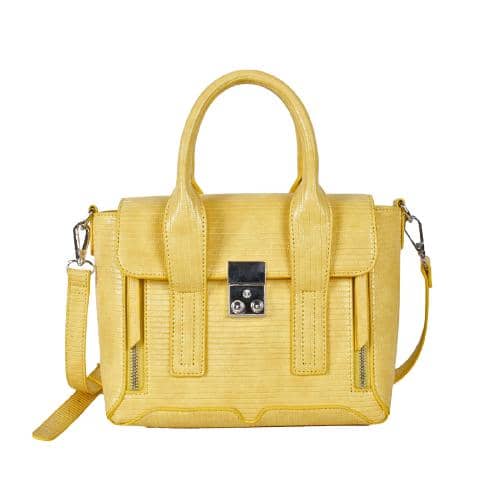 Yellow Lizard Pu Hand Bag With A Mental Lock Closure On The Flap And 2 Extra Zipper Pockets On Both Sides And A Long Detachable Strap(1)