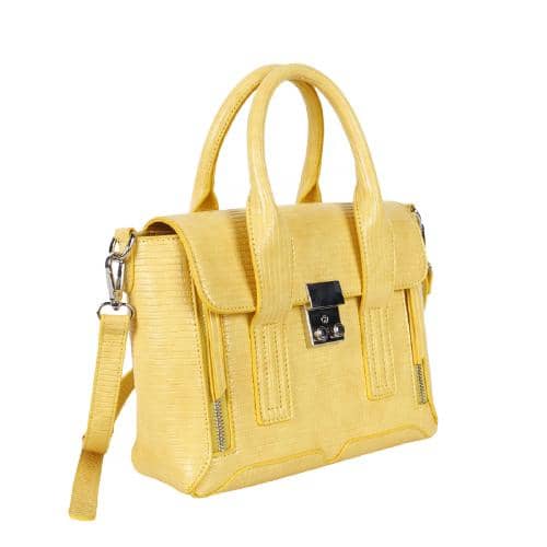 Yellow Lizard Pu Hand Bag With A Mental Lock Closure On The Flap And 2 Extra Zipper Pockets On Both Sides And A Long Detachable Strap(2)