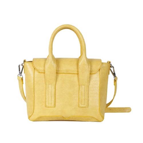 Yellow Lizard Pu Hand Bag With A Mental Lock Closure On The Flap And 2 Extra Zipper Pockets On Both Sides And A Long Detachable Strap(3)