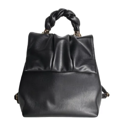 Black Sheepskin Soft Backpack With Weaved Short Handle, Wrinkled Cloud Flap & Two Adjustable Should Straps (1)