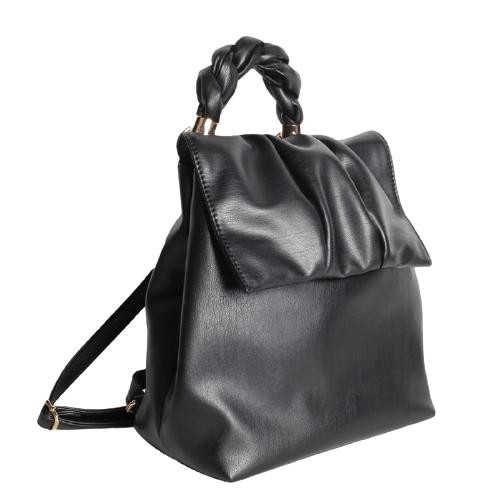 Black Sheepskin Soft Backpack With Weaved Short Handle, Wrinkled Cloud Flap & Two Adjustable Should Straps (2)