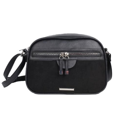 Black Suede & Grain Pu Camera Crossbody Bag With Front Fake Metal Zipper Pocket & 2 Pu Puller In Metal Ending (1)