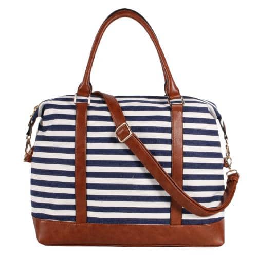 Blue Stripe Canvas Travel Duffel Bag With Pu Welt & 2 Pu Pipe Handles (1)
