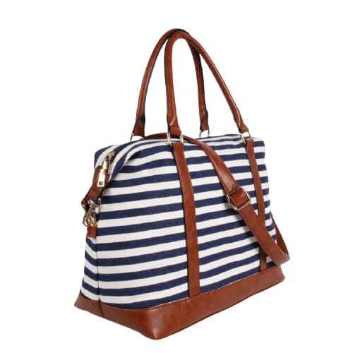 Blue Stripe Canvas Travel Duffel Bag With Pu Welt & 2 Pu Pipe Handles (2)