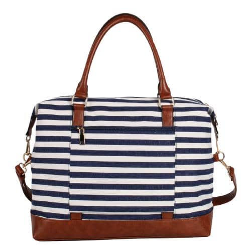 Blue Stripe Canvas Travel Duffel Bag With Pu Welt & 2 Pu Pipe Handles (3)