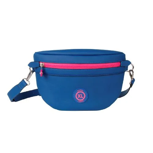 Lake Blue Solid Plain Pu Fanny Pack With 2 Neon Pink Plastic Zipper Pockets, Pin Buckle Adjustable Waist Belt (1)