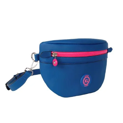 Lake Blue Solid Plain Pu Fanny Pack With 2 Neon Pink Plastic Zipper Pockets, Pin Buckle Adjustable Waist Belt (2)