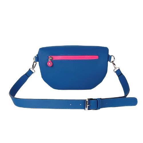 Lake Blue Solid Plain Pu Fanny Pack With 2 Neon Pink Plastic Zipper Pockets, Pin Buckle Adjustable Waist Belt (3)