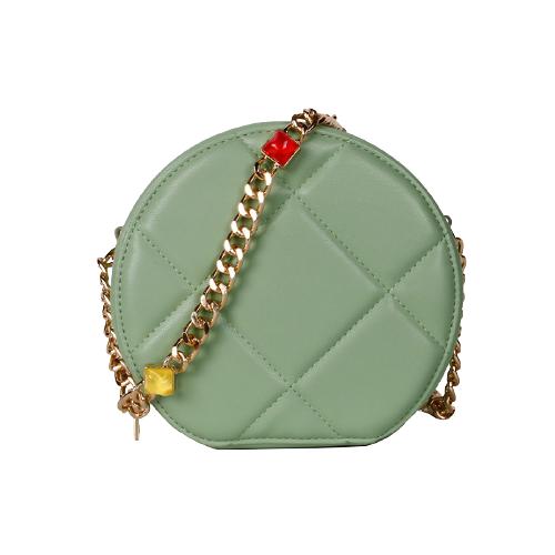 Light Green Sheep Skin Pu Round Structured Crossbody Bag With Rhombic Quilting & 2 Stones Decorated Metal Chain Strap (1)