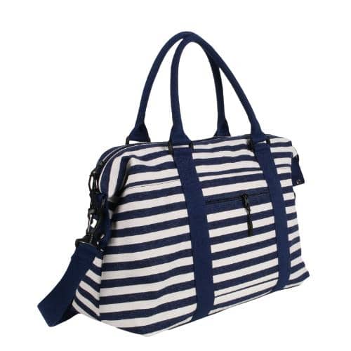 Navy Stripe Canvas Travel Duffel Bag With 2 Webbing Handles(2)